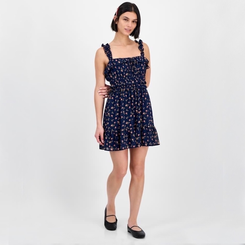 Navy Blue Ruffled Floral Dress